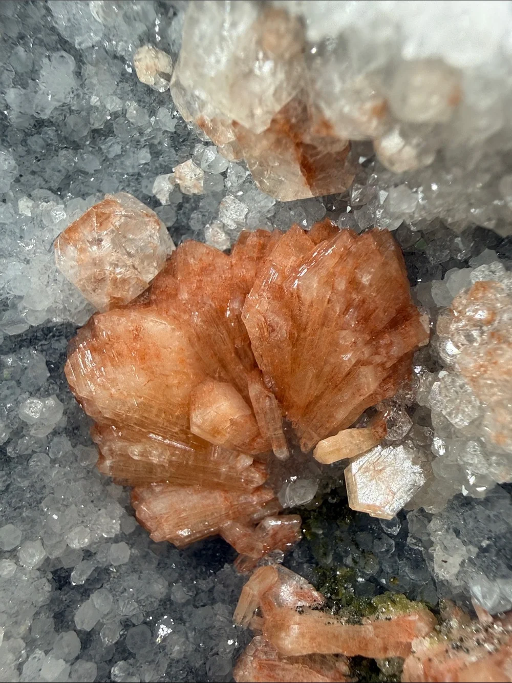 Peach Stilbite Cluster in Blue Chalcedony Geode Freeform Apophyllite & Epidote